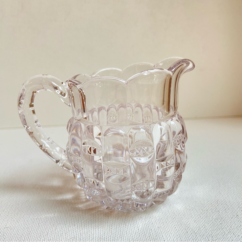 Pressed glass pitcher in clear cut log pattern with scalloped rim 3 oz VINTAGE